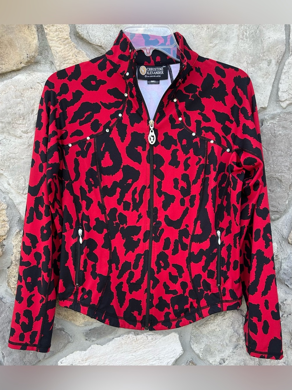 Christine Alexander Jacket Size S Red Leopard Print Embellished Stretchy Exotic